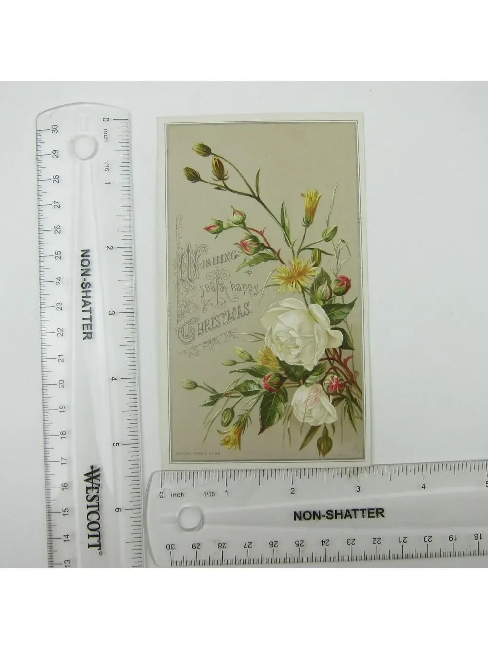 Victorian Christmas Card Raphael Tuck & Sons White Roses Yellow Flowers Antique